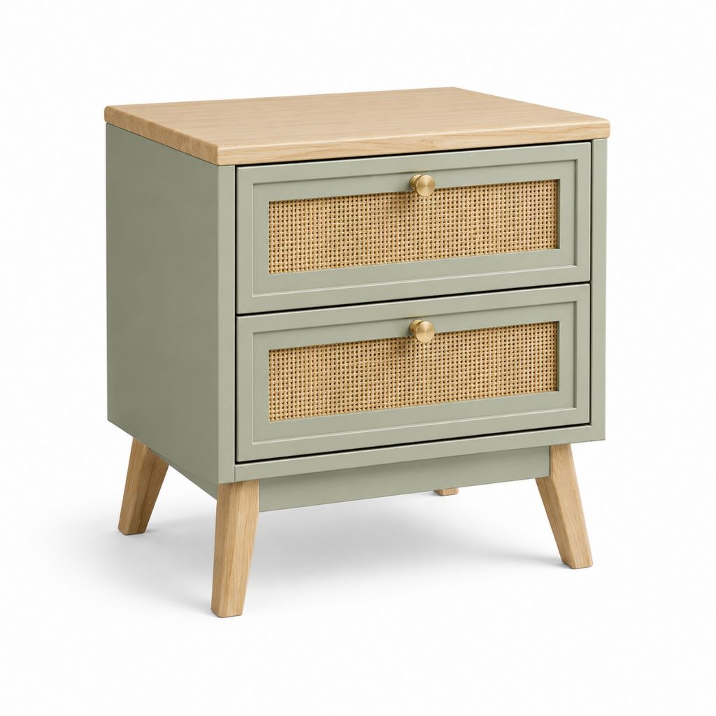 Nachttisch mit 2 Schubladen Salbeigrün Eiche Rattan rechteckig 45 x 40 x 55 cm