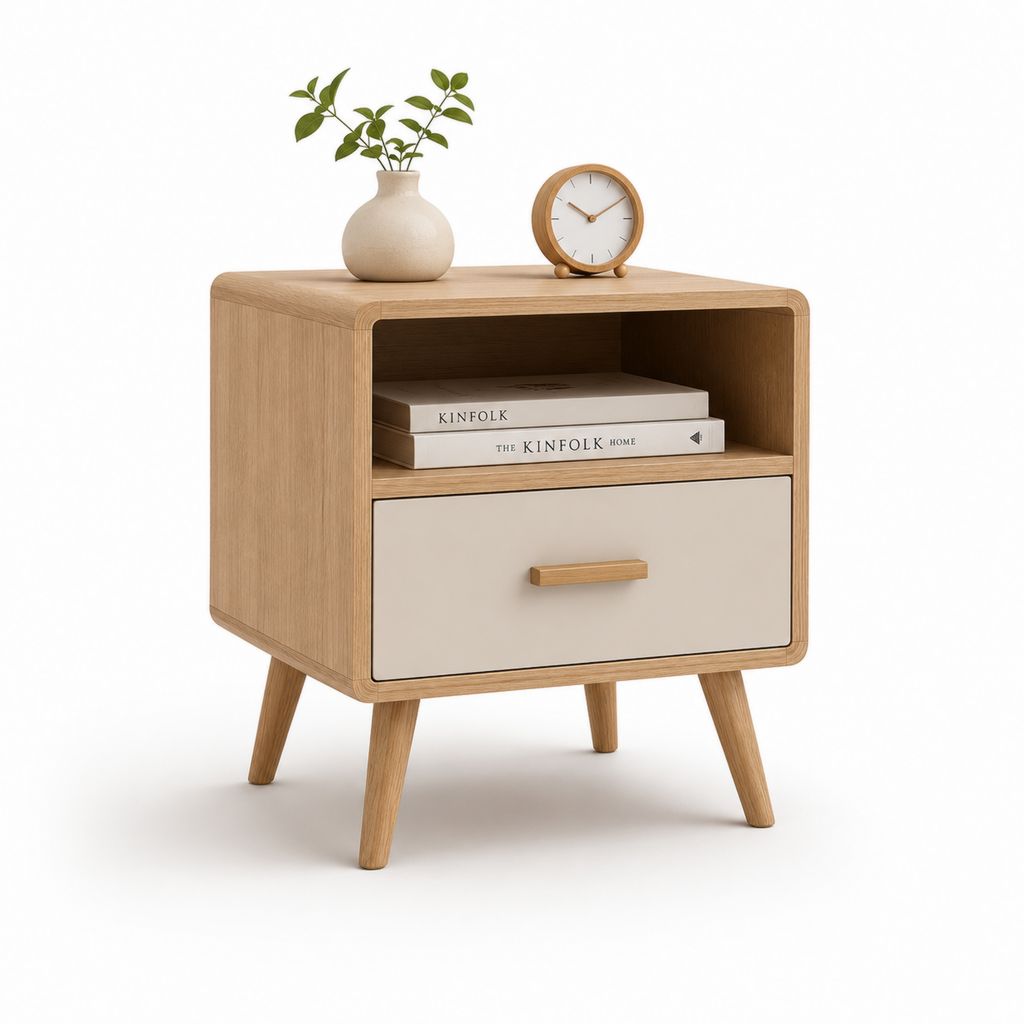 Nachttisch mit Schublade und offenem Fach in Eichenoptik Creme 45 x 35 x 60 cm