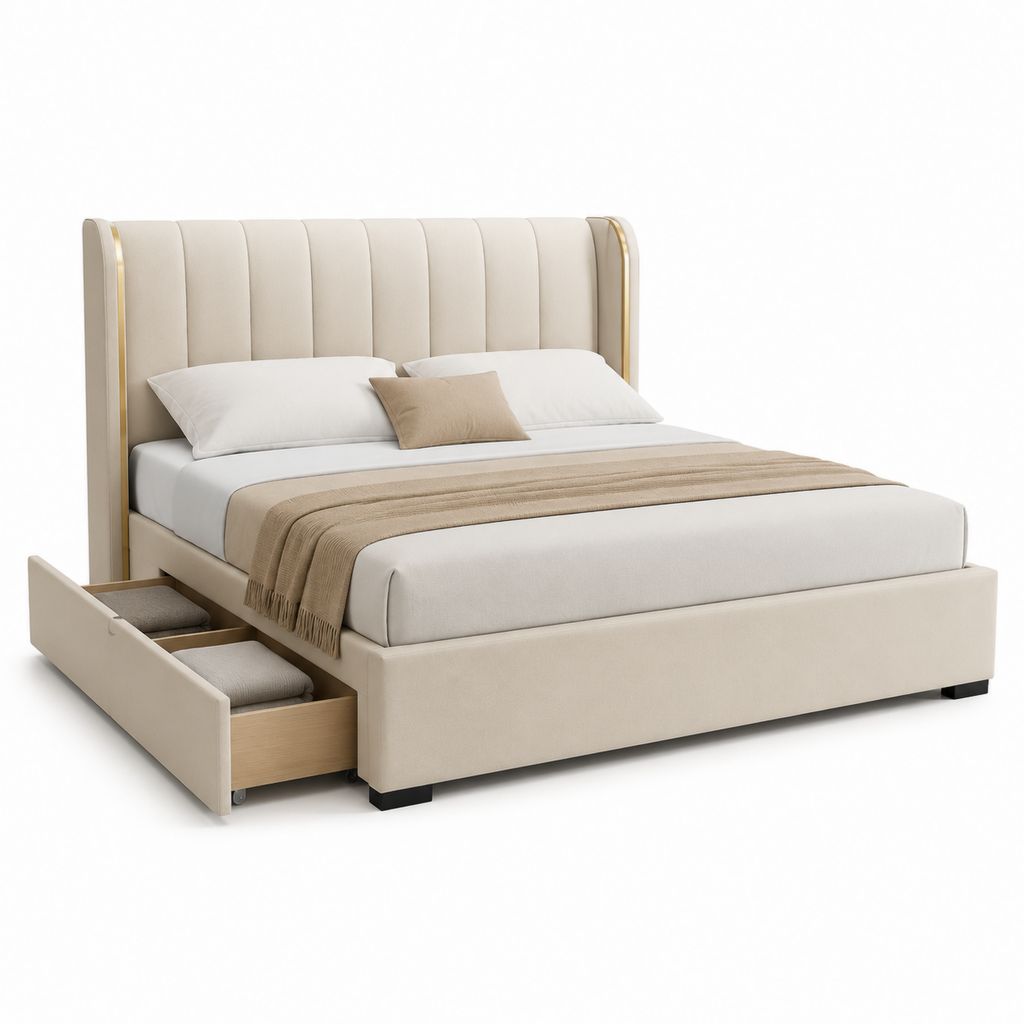 Stauraumbett Polsterbett mit Schublade Creme Polyester rechteckig 160 x 200 cm