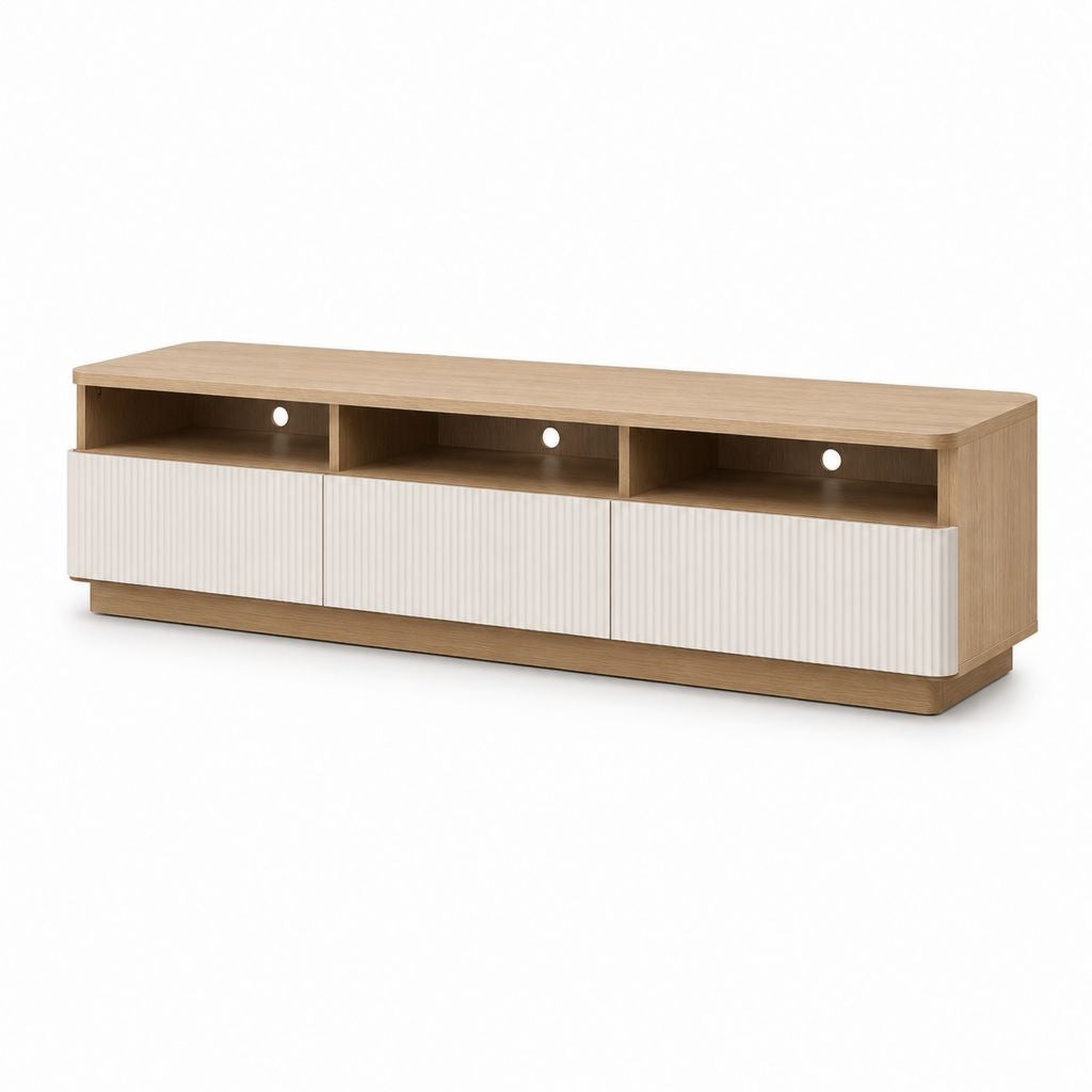 TV-Lowboard Eichenoptik Weiß aus Spanplatte mit 3 Türen und 3 offenen Fächern 180 x 40 x 50 cm