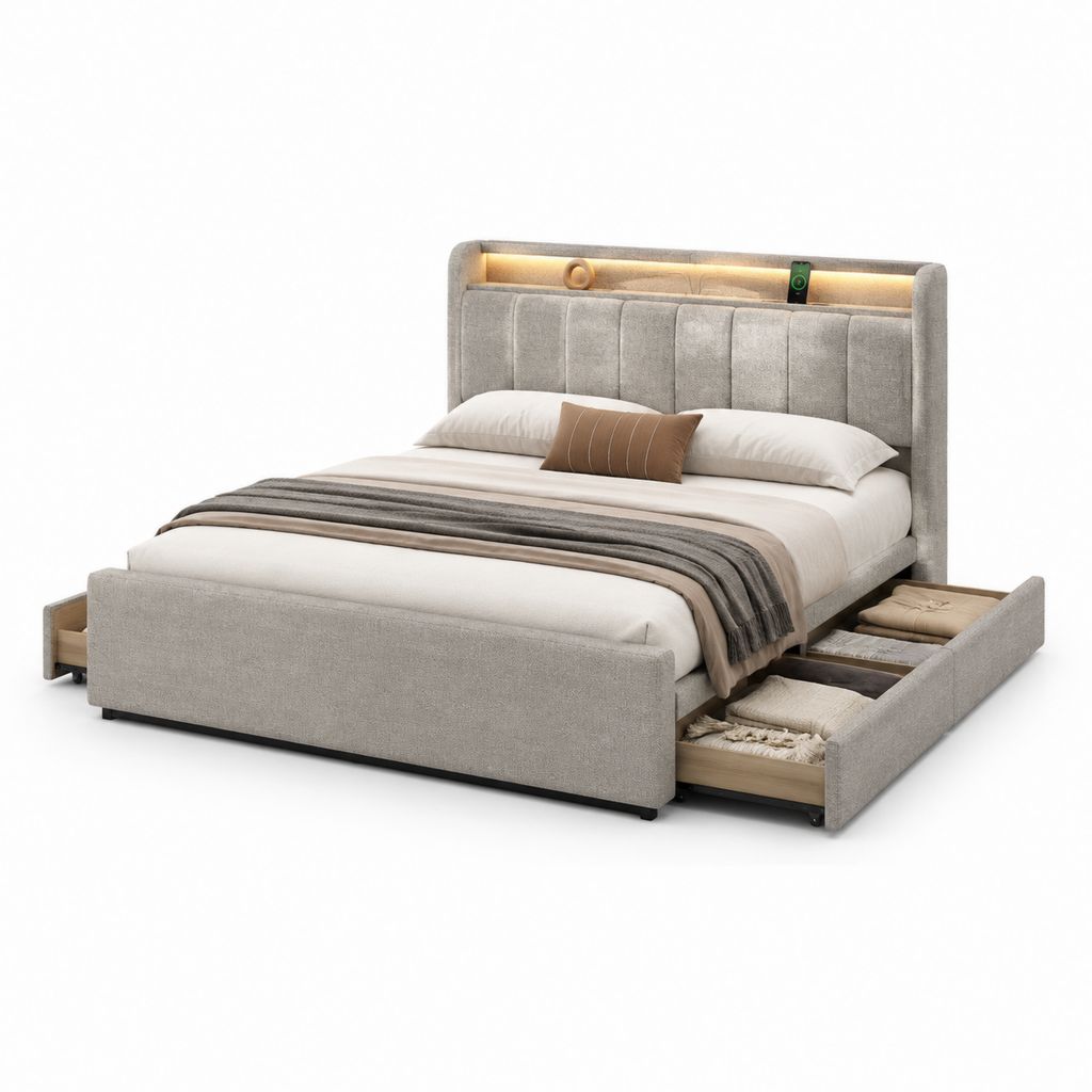 Stauraumbett Doppelbett Hellgrau Polyester Rechteckig 160 x 200 cm mit Schubladen und LED-Kopfteil
