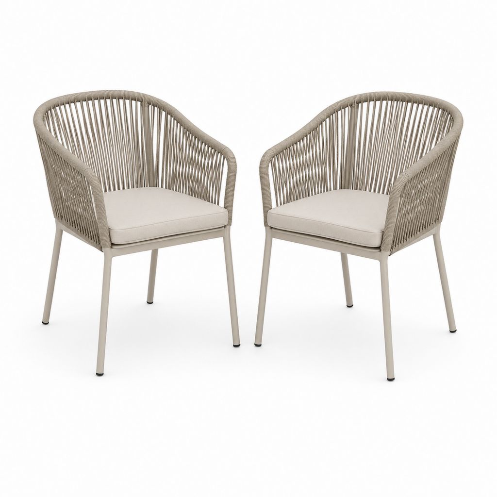 2er Set Gartenstühle Beige mit PE-Kordel Stahlgestell und Polyester-Sitzkissen 58 x 60 x 80 cm