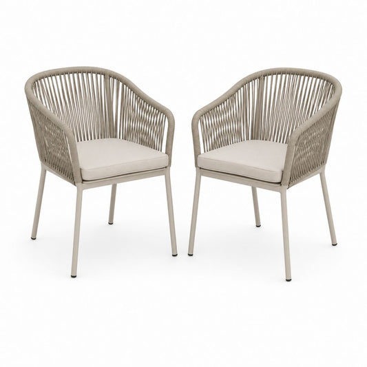 2er Set Gartenstühle Beige mit PE-Kordel Stahlgestell und Polyester-Sitzkissen 58 x 60 x 80 cm