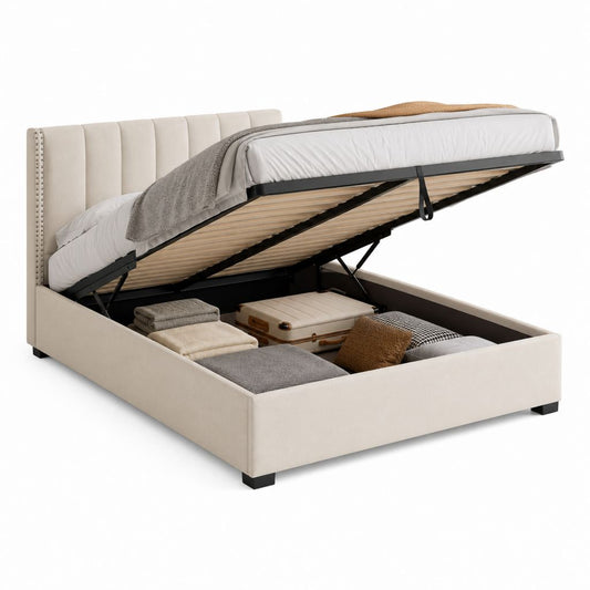 Stauraumbett mit Gasdruckfeder Beige Polyester 160 x 200 cm