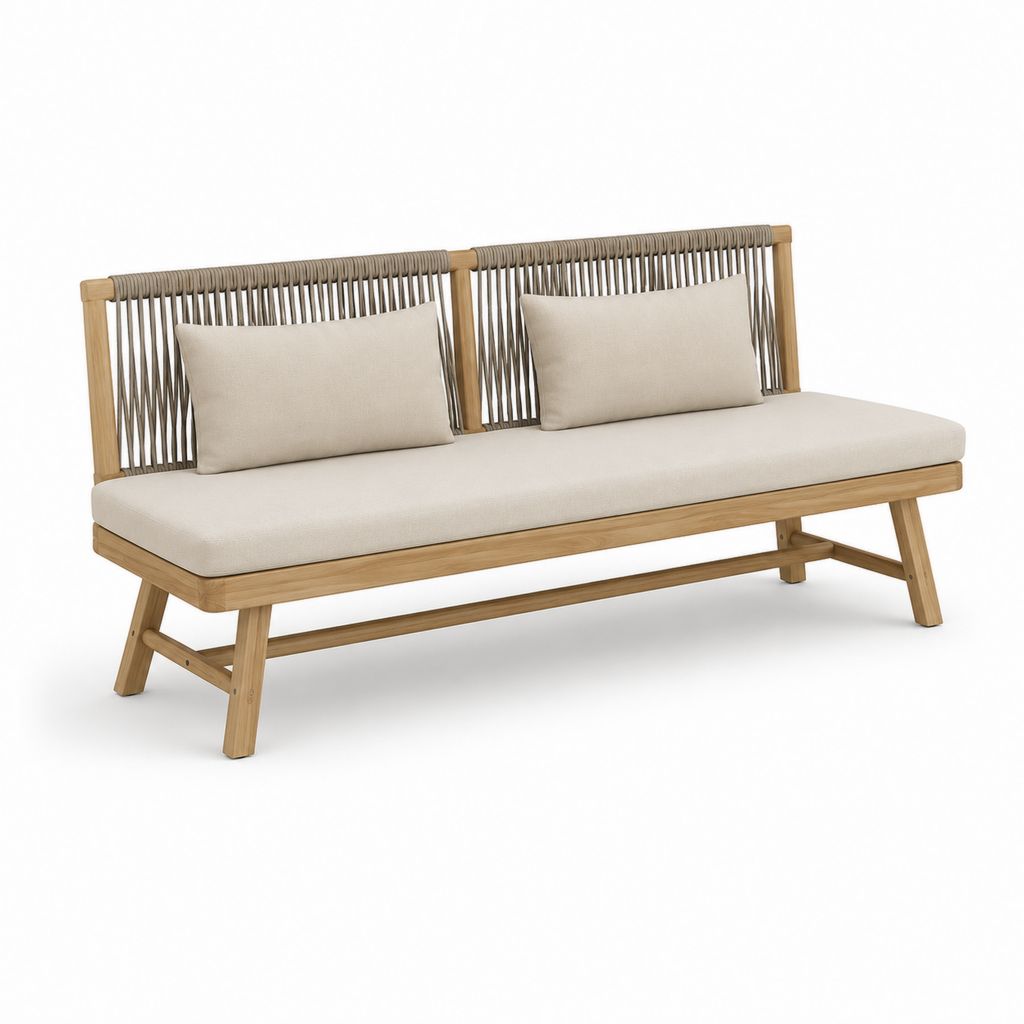 Gartenbank 3-Sitzer Naturbeige aus Akazienholz mit Polyesterseilgeflecht 180 x 75 x 80 cm