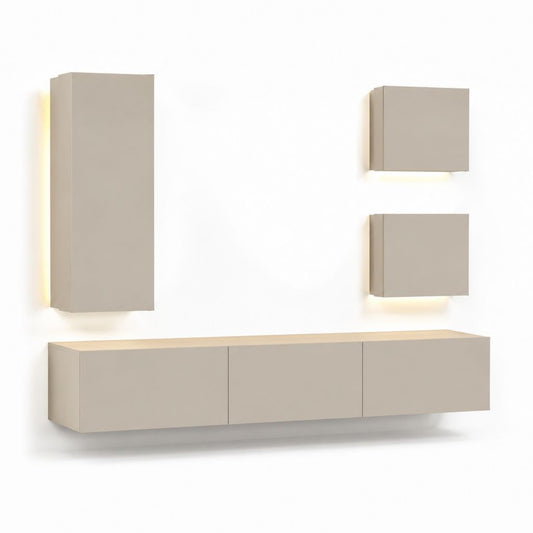 Wohnwand TV-Möbel Set Beige MDF rechteckig Lowboard 300 x 40 x 35 cm Hochschrank 60 x 35 x 180 cm 2 Hängeschränke je 60 x 35 x 60 cm