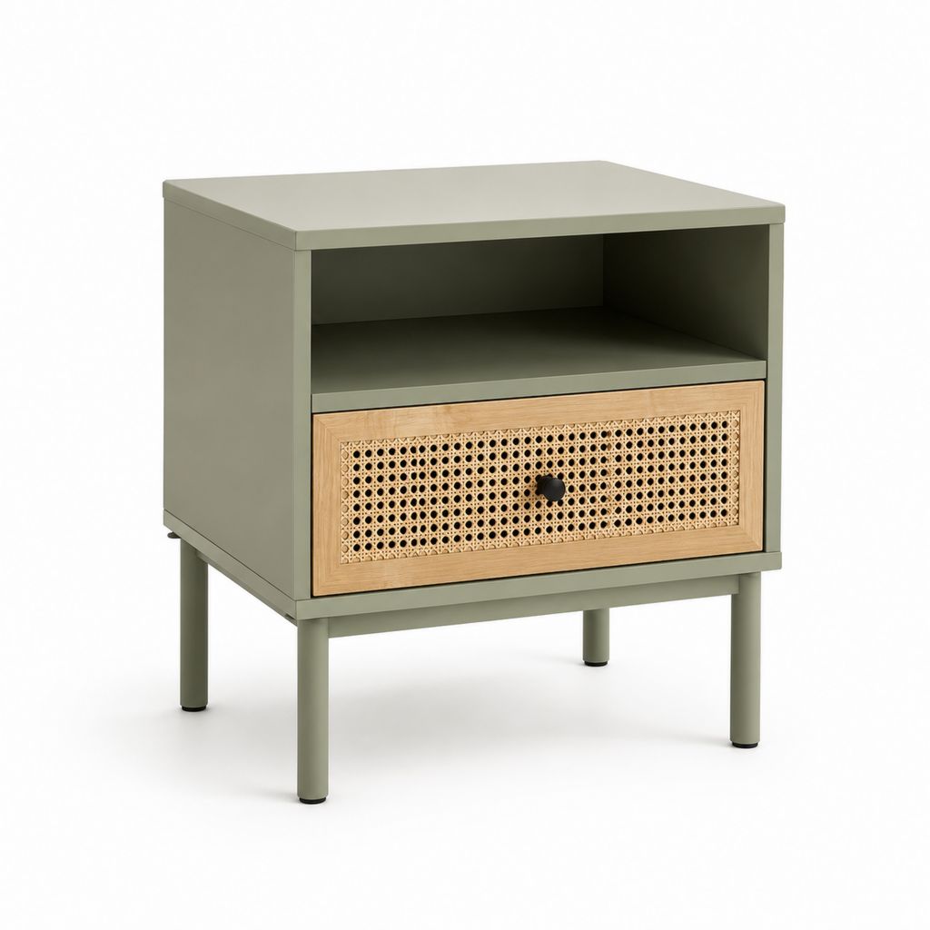 Nachttisch mit Schublade und offenem Fach Olivgrün Natur-Rattan MDF rechteckig 50 x 40 x 60 cm