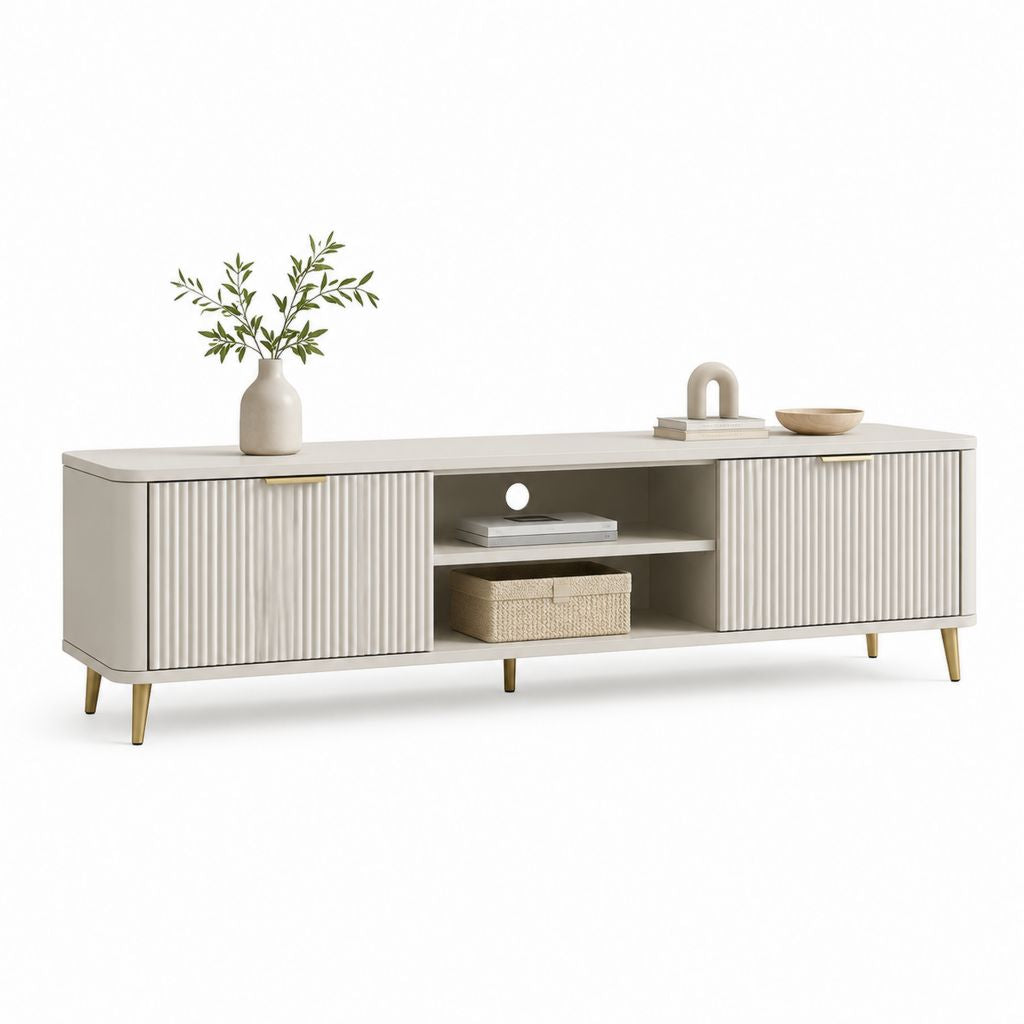 TV-Lowboard Cremeweiß aus MDF mit Rillenfront 180 x 40 x 55 cm