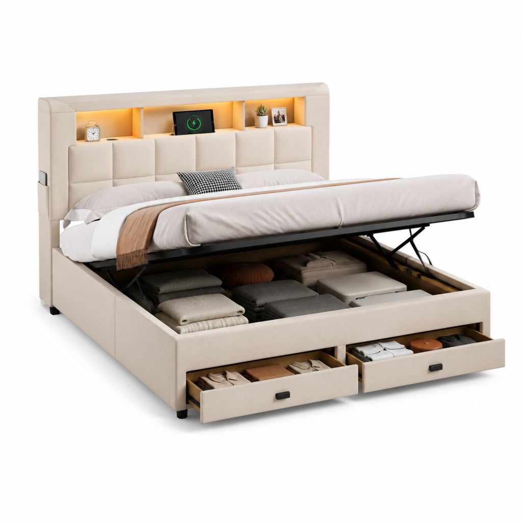 Stauraumbett Doppelbett Beige PU-Kunstleder Rechteckig 180 x 200 cm mit Bettkasten und Schubladen