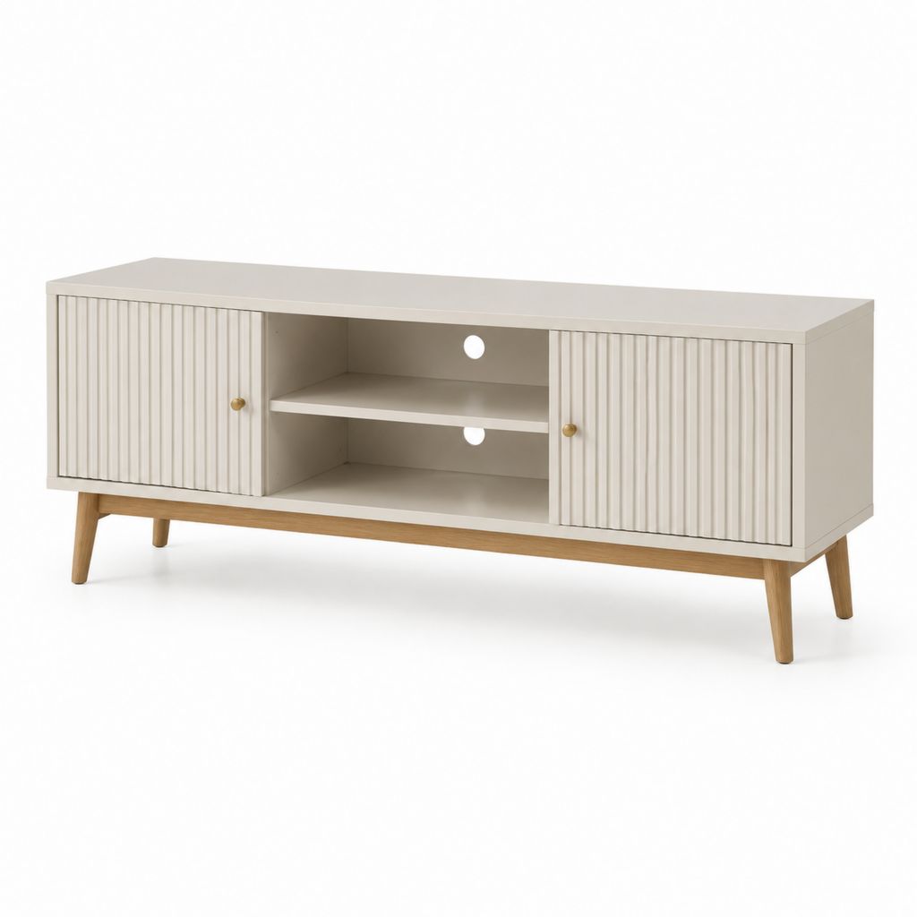 TV-Lowboard Cremeweiß aus MDF und Eichen-Massivholz rechteckig 140 x 40 x 60 cm