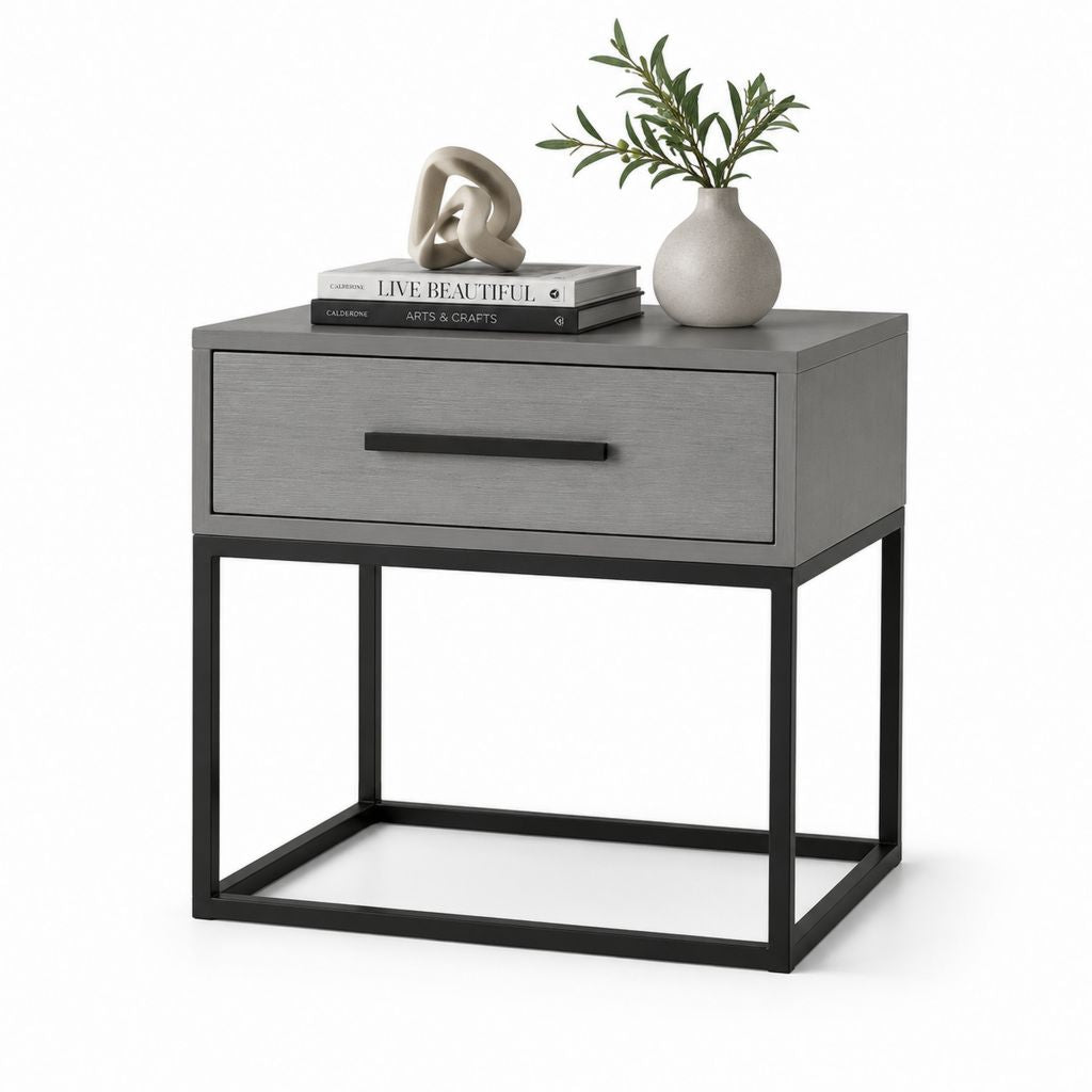 Nachttisch mit Schublade Grau MDF Stahlgestell rechteckig 50 x 40 x 60 cm